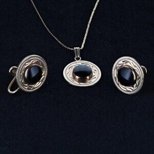 Vintage Van Dell Black onyx necklace & earring set, 12K GF, screw backs earrings
